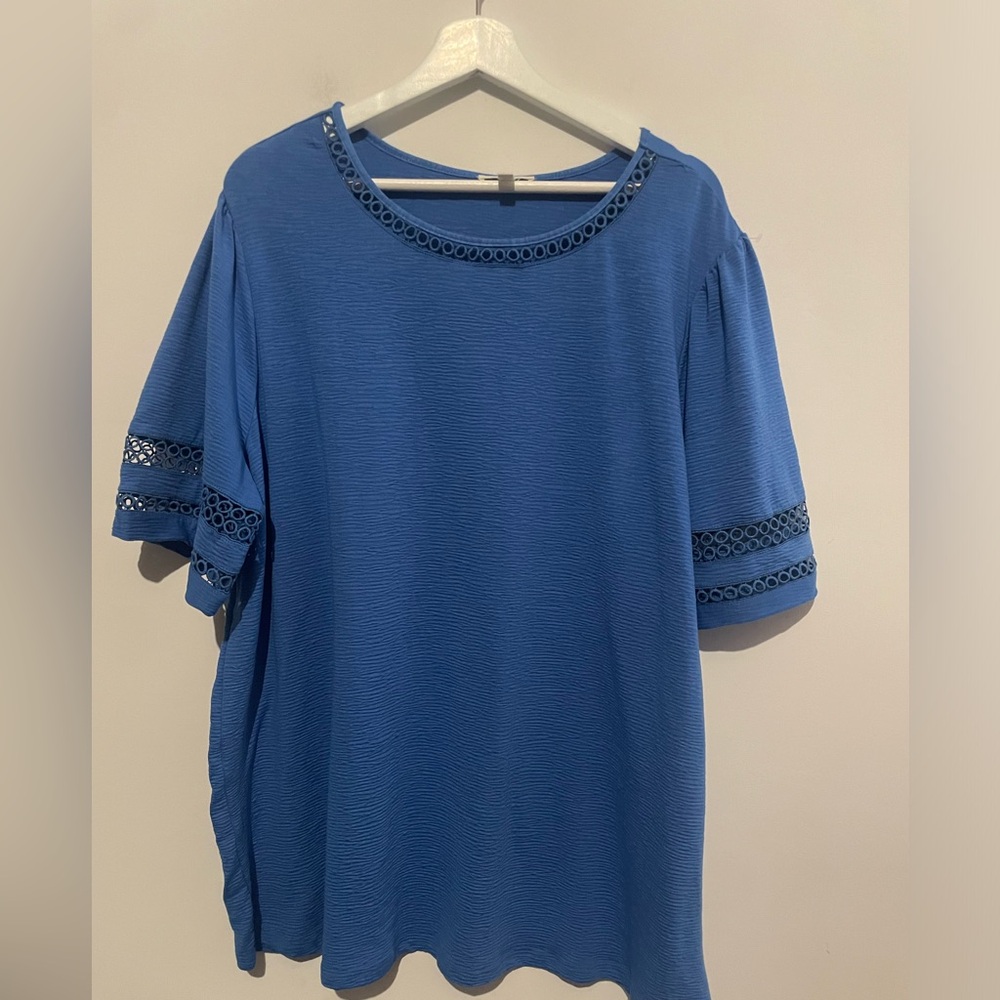 Como Blu Blouse Women‎ Size 2x Blue Puff Short Sleeve Eyelet